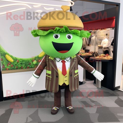 Personnage De Costume De Mascotte Redbrokoly Olive Hamburger Habillé D'un Blazer Et De Boucles D'oreilles