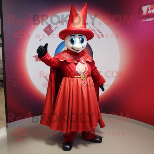 Mascotte Redbrokoly De Personnage De Magicien Rouge Habillé D'une Robe Taille Empire Et D'anneaux