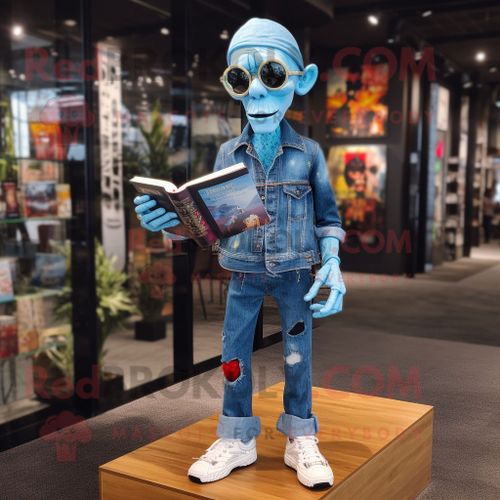 Personnage De Costume De Mascotte Redbrokoly De Mort-Vivant Bleu Ciel Habillé D'un Jean Flare Et De Lunettes De Lecture