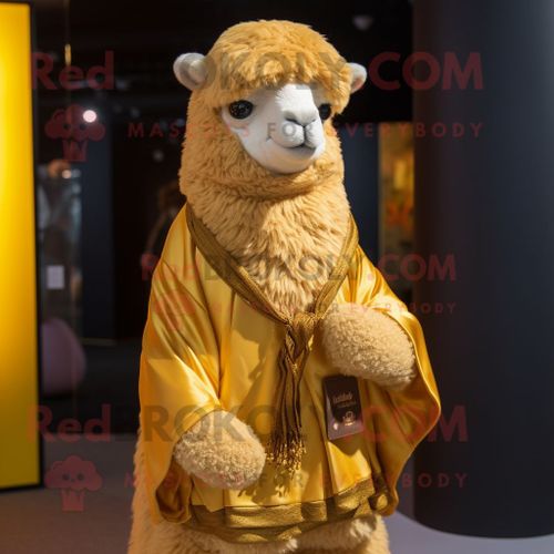 Personnage De Costume De Mascotte Redbrokoly D'alpaga Doré Habillé D'un Gilet Et D'épingles De Châle