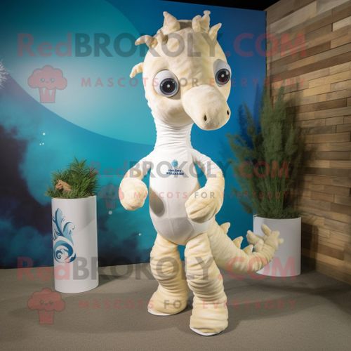 Personnage De Costume De Mascotte Redbrokoly D'hippocampe Crème Habillé D'un Maillot De Bain Et De Coussinets Pour Les Pieds