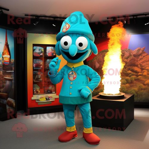 Personnage De Costume De Mascotte Redbrokoly De Cracheur De Feu Turquoise Habillé D'un T-Shirt Et De Bérets