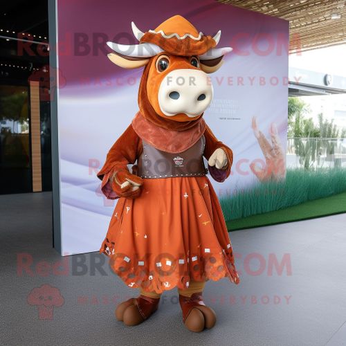 Personnage De Costume De Mascotte Redbrokoly De Zébu De Rouille Habillé D'une Jupe Trapèze Et De Bérets