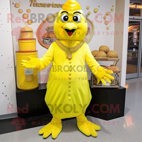 Personnage De Costume De Mascotte Redbrokoly De Poulet Tandoori Jaune Citron Habillé D'un Col Roulé Et De Porte-Clés