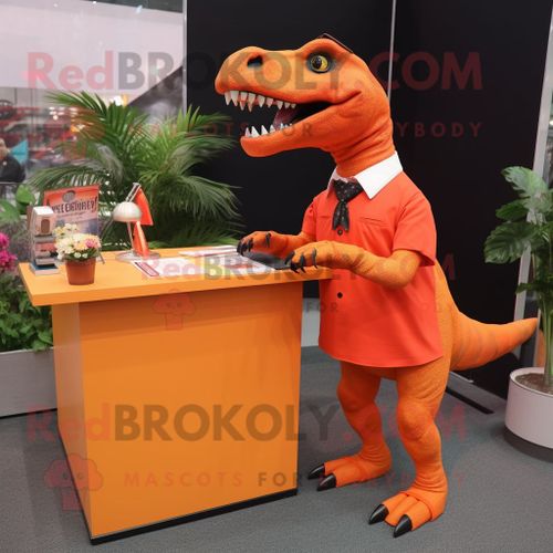 Personnage De Costume De Mascotte Redbrokoly Tyrannosaurus Orange Habillé D'une Jupe Crayon Et D'épinglettes