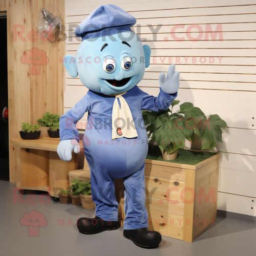 Personnage De Costume De Mascotte Redbrokoly De Navet Bleu Habillé D'une Chemise En Chambray Et De Boutons De Manchette