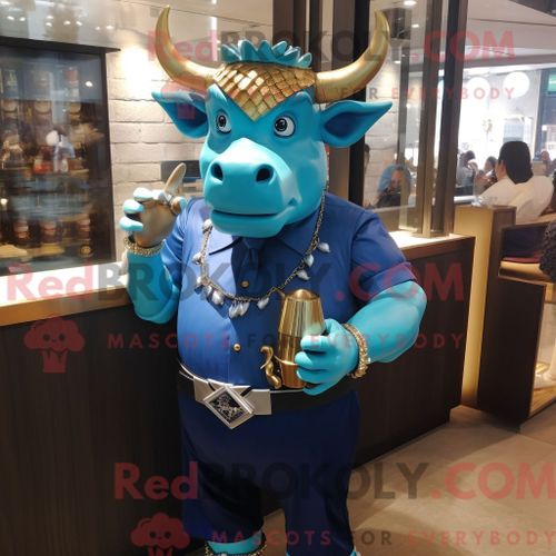 Costume De Mascotte Redbrokoly De Taureau Bleu Habillé D Une Robe De Cocktail Et De Montres-Bracelets