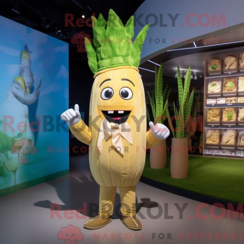 Personnage De Costume De Mascotte Redbrokoly D Asperges Dorées Habillé Avec Une Barboteuse Et Des Ceintures De Smoking