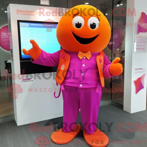 Personnage De Costume De Mascotte Redbrokoly Orange Magenta Habillé Avec Un Pantalon De Costume Et Des Ceintures De Smoking