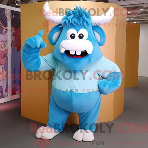 Costume De Mascotte Redbrokoly De Minotaure Bleu Ciel Habillé D Un Pantalon Et De Cravates En Velours Côtelé