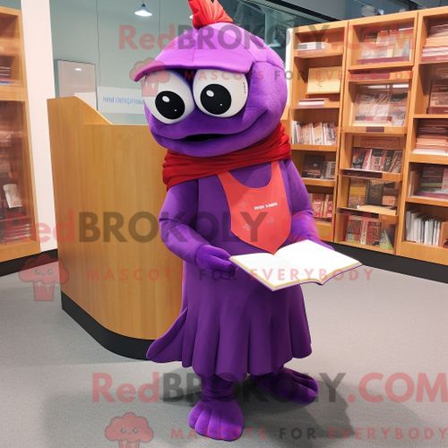 Costume De Mascotte Redbrokoly De Saumon Violet Personnage Habillé D Une Robe Fourreau Et De Lunettes De Lecture