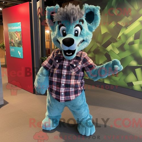 Costume De Mascotte Redbrokoly De Hyène Bleu Sarcelle Habillé D Une Chemise En Flanelle Et De Bandeaux