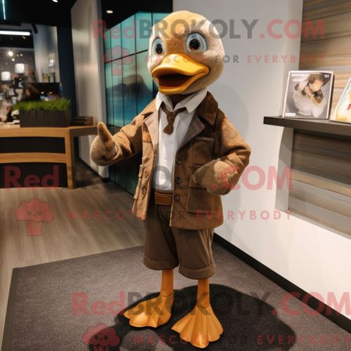Costume De Mascotte Redbrokoly D Oie Brune Habillé D Un Pantalon En Velours Côtelé Et D Épinglettes