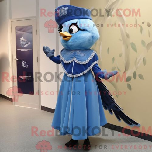 Costume Mascotte Redbrokoly De Geai Bleu Habillé D Une Robe Et De Broches
