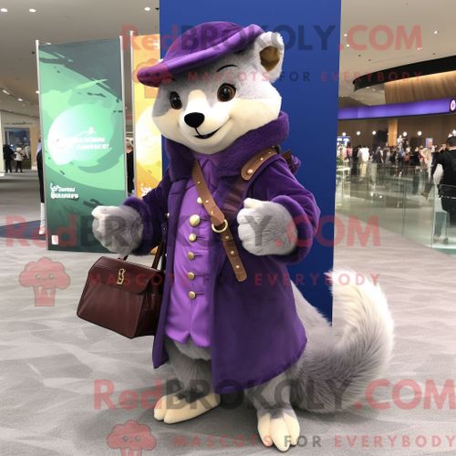Costume De Mascotte Redbrokoly De Martre Violette Habillé D Un Manteau Et De Sacs Messager