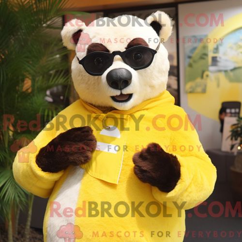 Costume Mascotte Redbrokoly D Ours À Lunettes Jaune Citron Personnage Habillé Avec Un Pull Et Des Bracelets