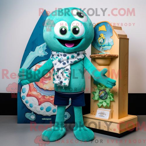 Costume De Mascotte Redbrokoly De Tranche De Pizza Bleu Sarcelle Habillé Avec Un Rash Guard Et Des Foulards