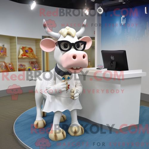 Costume De Mascotte Redbrokoly De Vache En Jersey Blanc Personnage Habillé D Une Jupe Et De Lunettes De Lecture