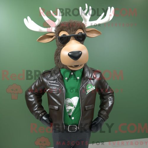 Costume De Mascotte Redbrokoly D Élan Irlandais Vert Forêt Habillé D Une Veste De Motard Et De N?uds Papillons