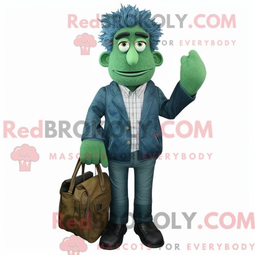 Personnage De Costume De Mascotte Redbrokoly Forest Green Attorney Habillé Avec Une Chemise En Jean Et Des Pochettes