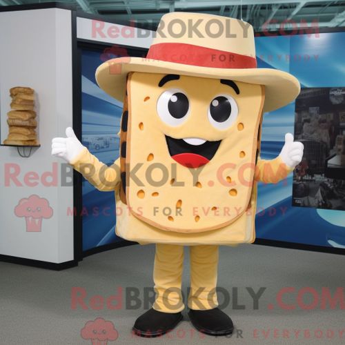 Personnage De Costume De Mascotte Redbrokoly De Sandwich Au Fromage Grillé À La Crème Habillé Avec Un Jean Évasé Et Des Chapeaux