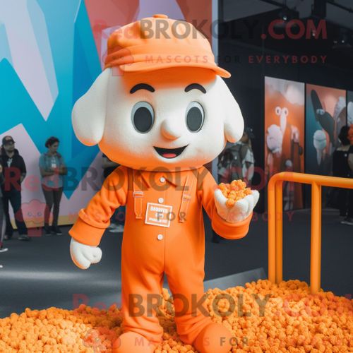 Mascotte Redbrokoly De Personnage Pop Corn Orange Habillé Avec Une Salopette Et Des Bonnets