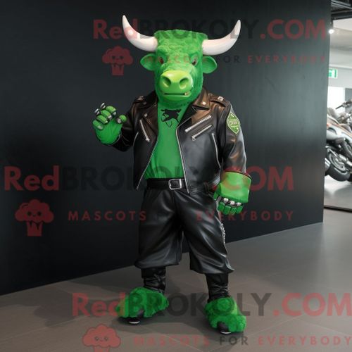Costume De Mascotte Redbrokoly De Taureau Vert Habillé D Une Veste De Motard Et De Pinces À Chaussures