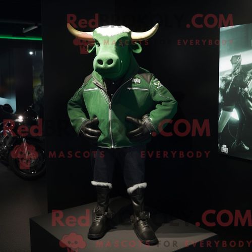 Costume De Mascotte Redbrokoly De Taureau Vert Habillé D Une Veste De Motard Et De Pinces À Chaussures