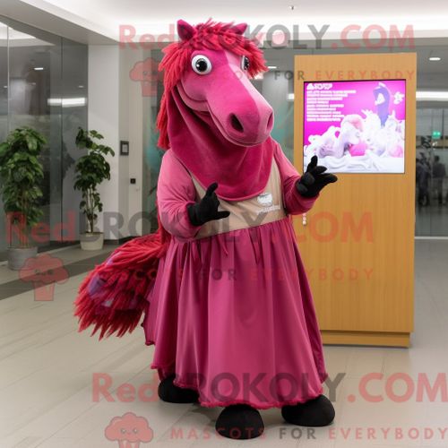 Costume Mascotte Redbrokoly De Cheval Magenta Personnage Habillé Avec Une Robe Longue Et Des Portefeuilles