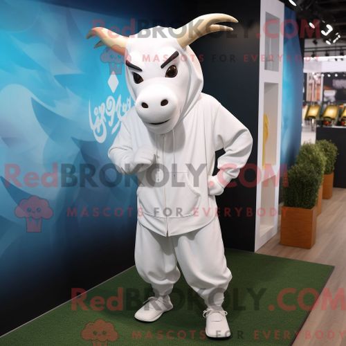 Costume Mascotte Redbrokoly De Taureau Blanc Habillé D Un Sweat À Capuche Et De Lacets De Chaussures