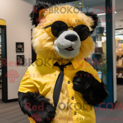 Personnage Mascotte Redbrokoly D Ours À Lunettes Jaune Habillé D Une Barboteuse Et De Clips Pour Foulard