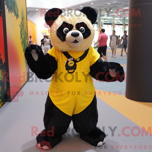 Personnage Mascotte Redbrokoly D Ours À Lunettes Jaune Habillé D Une Barboteuse Et De Clips Pour Foulard