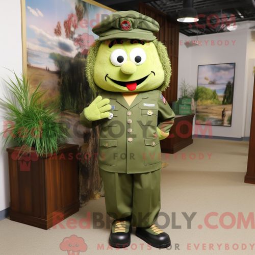 Costume De Mascotte Redbrokoly De Béret Vert Olive Personnage Habillé D Une Chemise Habillée Et D Épingles À Cheveux