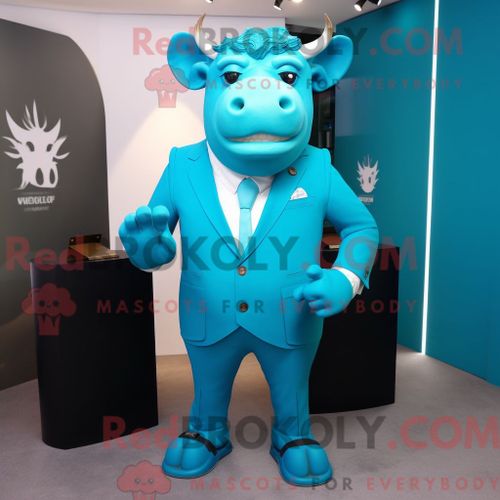 Personnage De Costume De Mascotte Redbrokoly De Taureau Cyan Habillé D Un Costume Et De Pochettes
