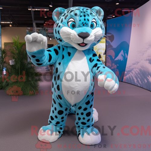 Personnage Mascotte Redbrokoly D Un Léopard Bleu Ciel Habillé D Un Débardeur Et De Bretelles