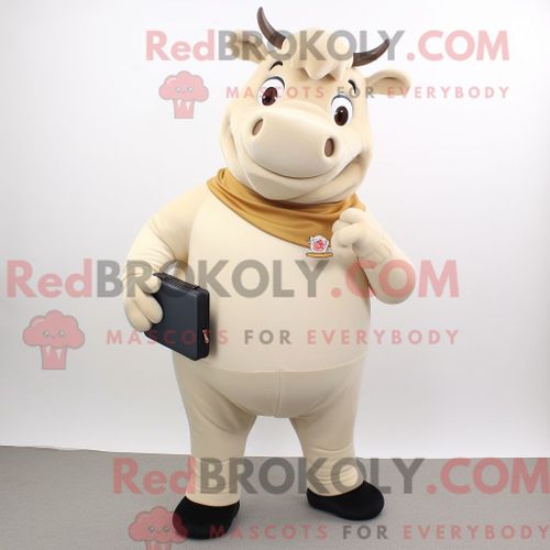 Costume Mascotte Redbrokoly De Taureau Beige Habillé D Un Col Roulé Et De Pochettes