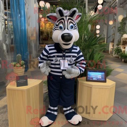 Costume De Mascotte Redbrokoly De Zèbre Bleu Marine Habillé D Une Chemise Boutonnée Et De Portefeuilles
