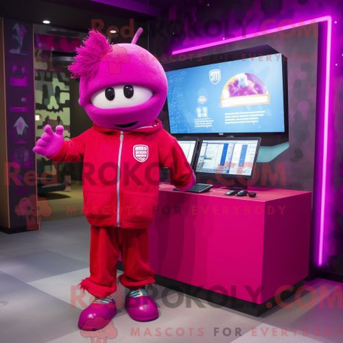 Personnage De Costume De Mascotte Redbrokoly D Ordinateur Magenta Habillé D Un Manteau Et De Montres Numériques