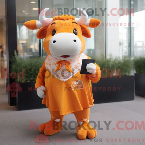 Costume Mascotte Redbrokoly De Taureau Orange Habillé D Une Jupe Et De Pochettes De Costume
