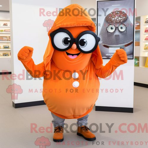 Costume Mascotte Redbrokoly De Bague De Fiançailles Orange Personnage Habillé Avec Un Sweat À Capuche Et Des Lunettes
