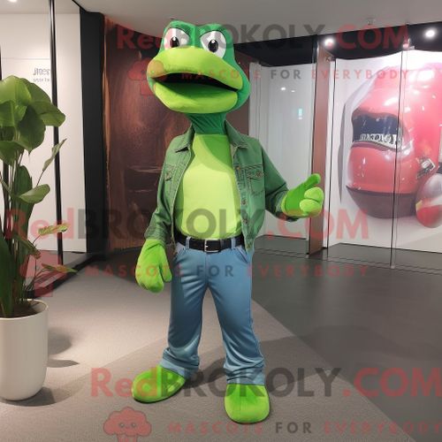 Costume De Mascotte Redbrokoly De Python Vert Citron Habillé D Un Jean Boyfriend Et D Épingles À Chapeau