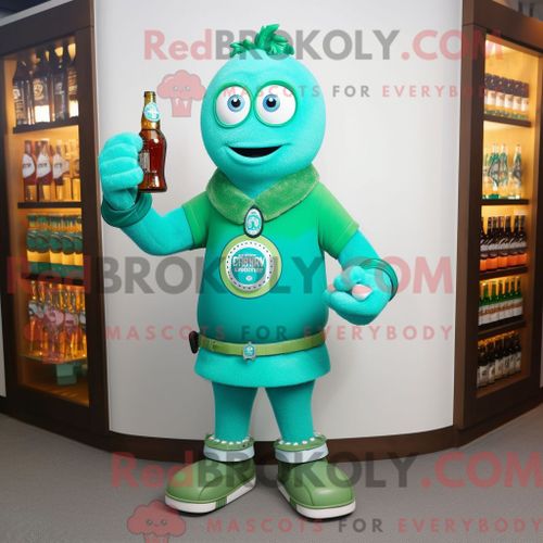 Personnage De Costume De Mascotte Redbrokoly De Bière Verte Turquoise Habillé Avec Un T-Shirt Henley Et Des Montres Bracelet