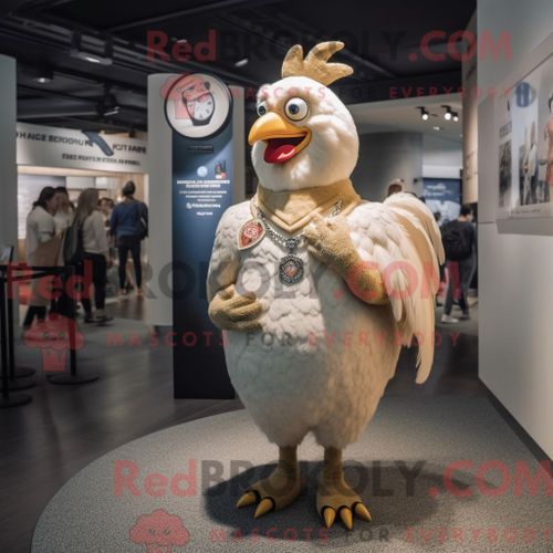 Costume Mascotte Redbrokoly De Coqs Beiges Personnage Habillé Avec Une Barboteuse Et Des Montres