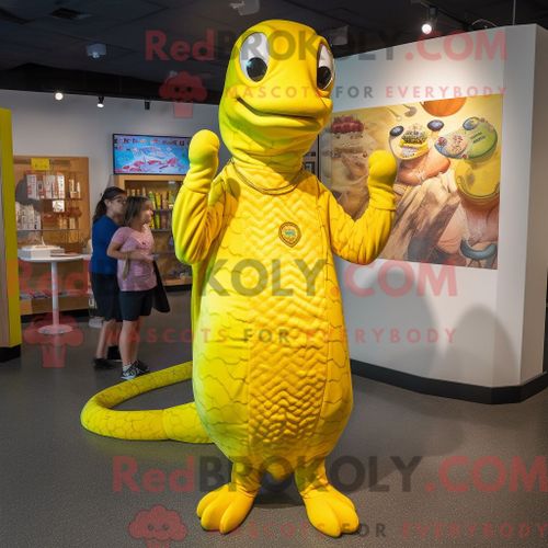 Costume De Mascotte Redbrokoly De Python Jaune Citron Habillé D Un T-Shirt Henley Et De Montres