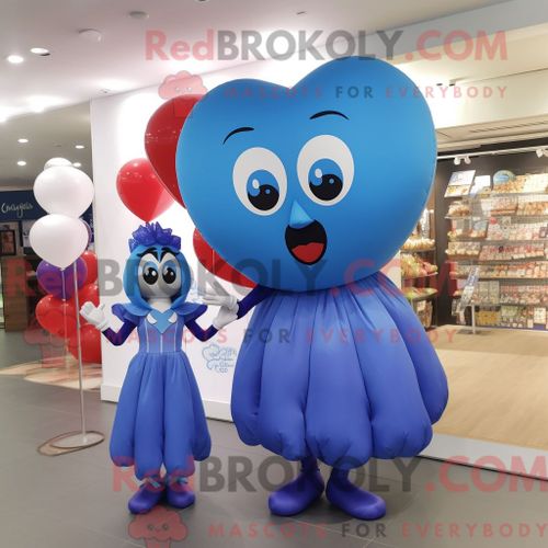 Costume De Mascotte Redbrokoly De Ballons En Forme De Coeur Bleu Personnage Habillé Avec Une Robe Droite Et Des Foulards