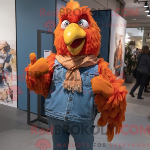 Personnage De Costume De Mascotte Redbrokoly De Poulet Au Beurre De Rouille Habillé Avec Un Jean Boyfriend Et Des Clips Pour Écharpe