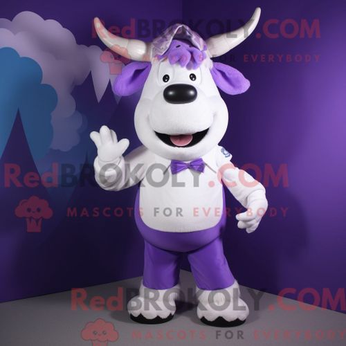 Personnage De Costume De Mascotte Redbrokoly De Taureau Lavande Habillé Avec Un Pantalon Capri Et Des Ceintures De Smoking