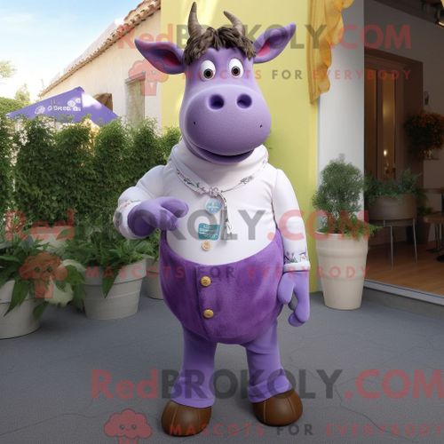 Personnage De Costume De Mascotte Redbrokoly De Taureau Lavande Habillé Avec Un Pantalon Capri Et Des Ceintures De Smoking