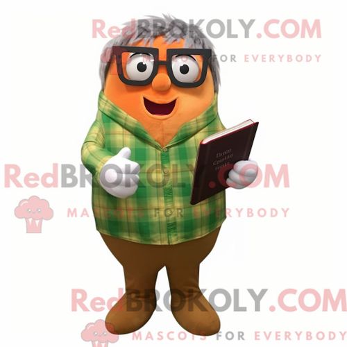 Personnage De Costume De Mascotte Redbrokoly De Citrouille Olive Habillé D Une Chemise En Flanelle Et De Lunettes De Lecture