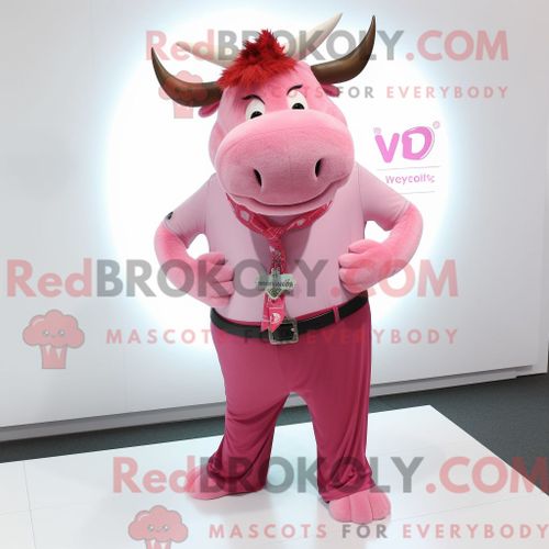Costume De Mascotte Redbrokoly De Taureau Rose Habillé D Un T-Shirt À Col En V Et D Épingles À Cravate